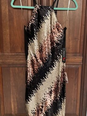NWT Teeze Me Sequin Halter Cocktail Dress Black Gold Size 3/4